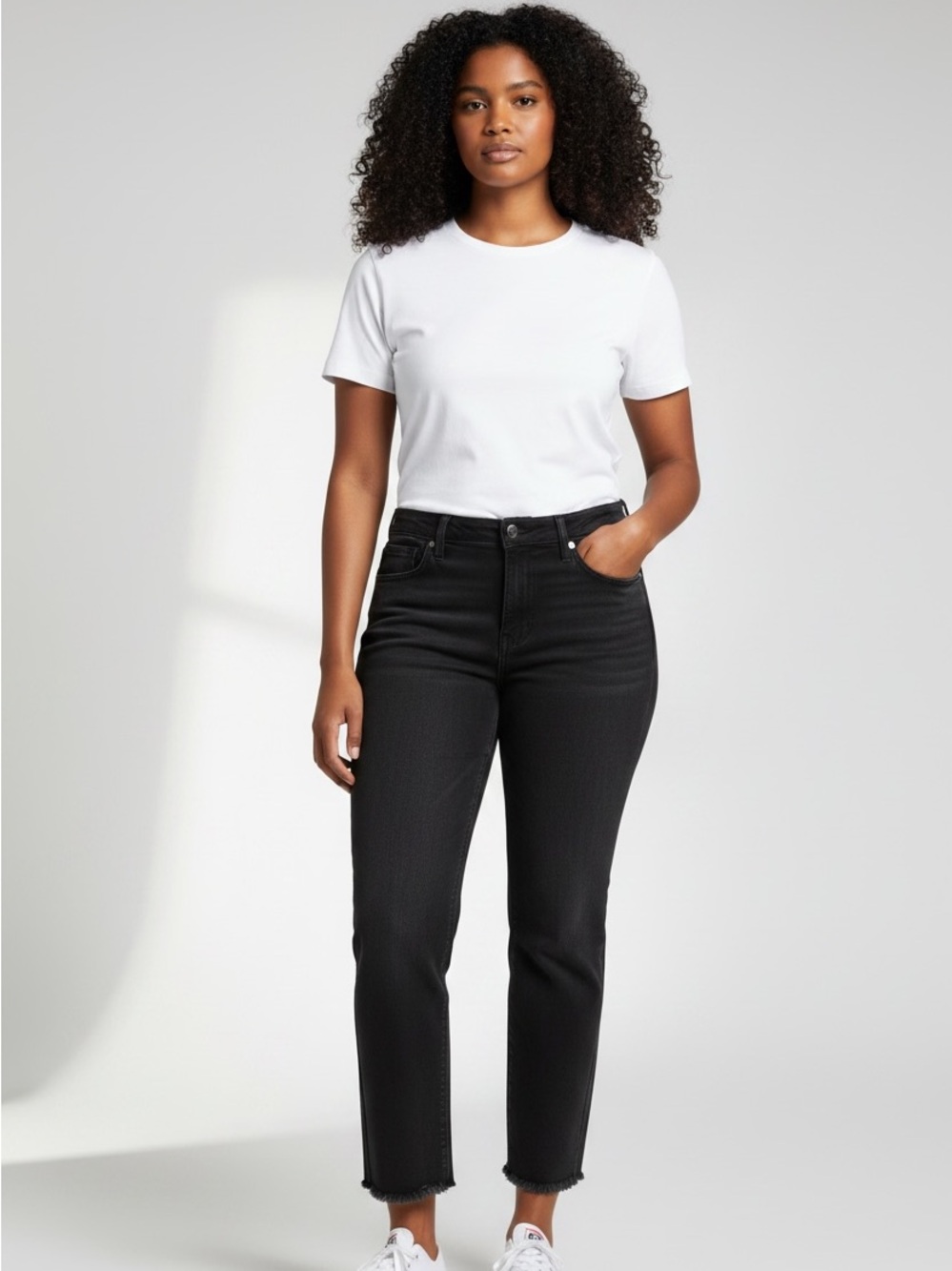 1822 Denim Black Crop Straight Jeans Raw Frayed Hem Stretch Women’s Size 10
